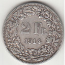 1914 - Svizzera Argento 2 Francs Silver Switzerland Standing Helvetia